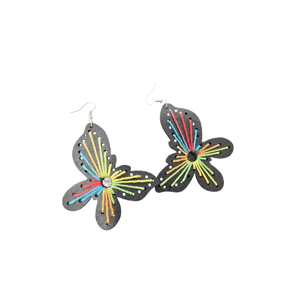 Handmade Butterfly Rainbow Thread‎ Embroidered Black Wood Drop Hook Earrings